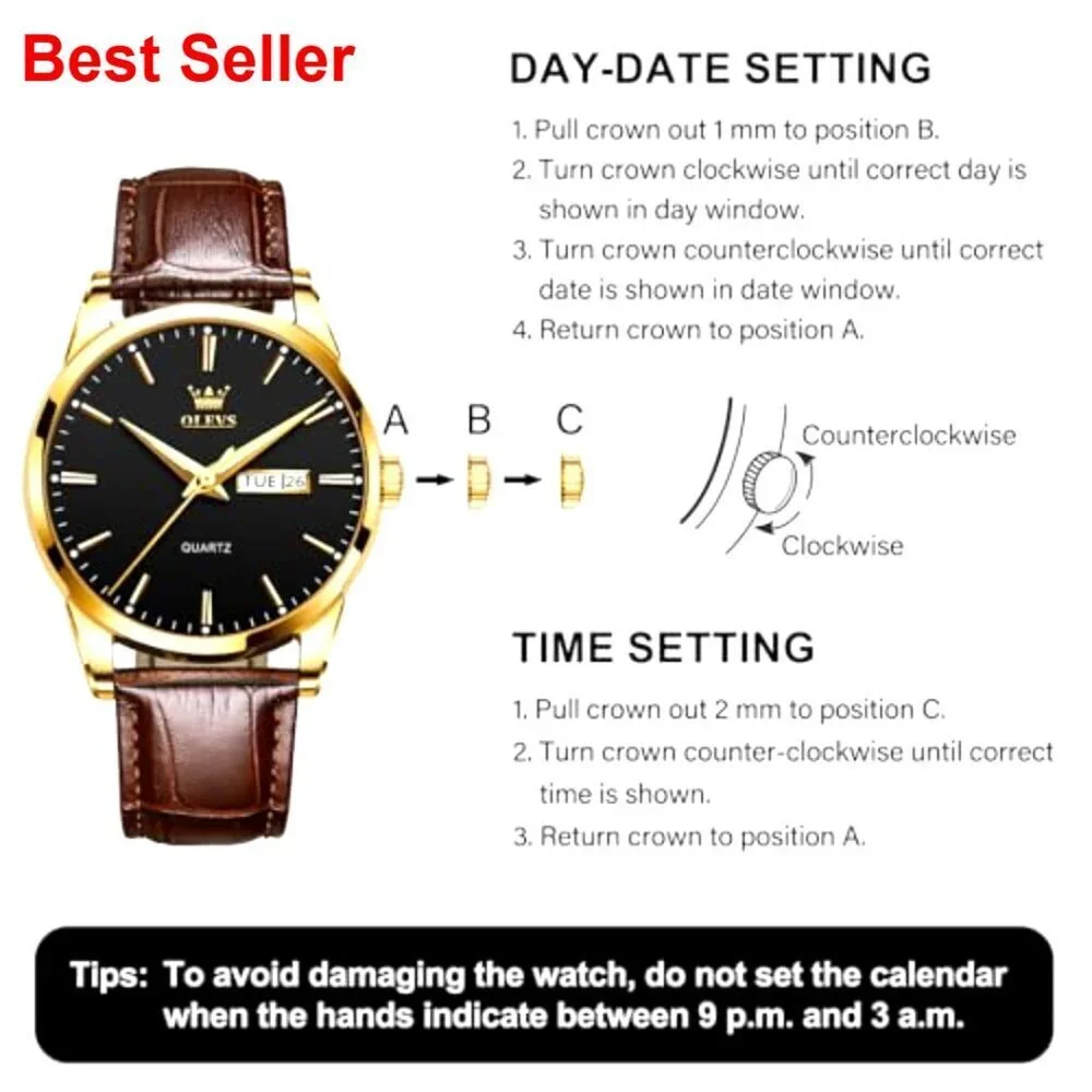 Men's Leather Watch Stainless Steel Day Date Waterproof Luminous